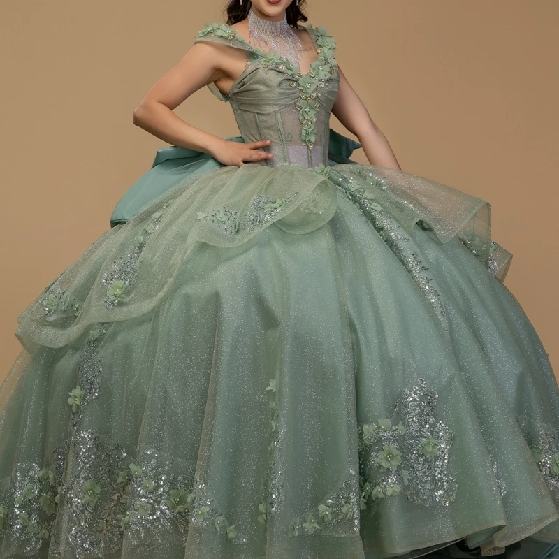 

Green Shiny Ball Gown Quinceanera Dresses Applique Flower Beading Crystal Bow Tull Corset Off Shoulder Sweet 16 Dress Vestidos