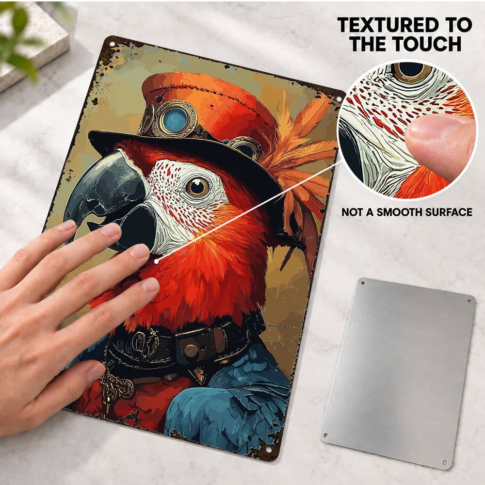 Steampunk Parrot Portrait Textured Metal Poster Bold Design Beauty Studio Wall Art Personalized Aluminum Sign Gift For Friends