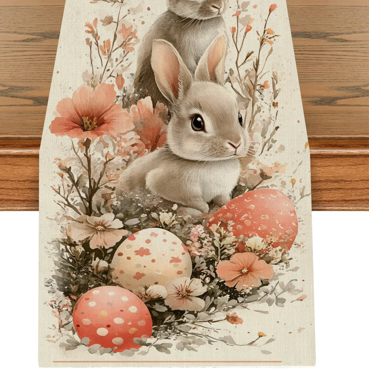 Easter Rabbit Table Runner - 1PC Two Bunnies Flower Bush Easter Eggs Vintage Garden Pattern Cover for Dining Table