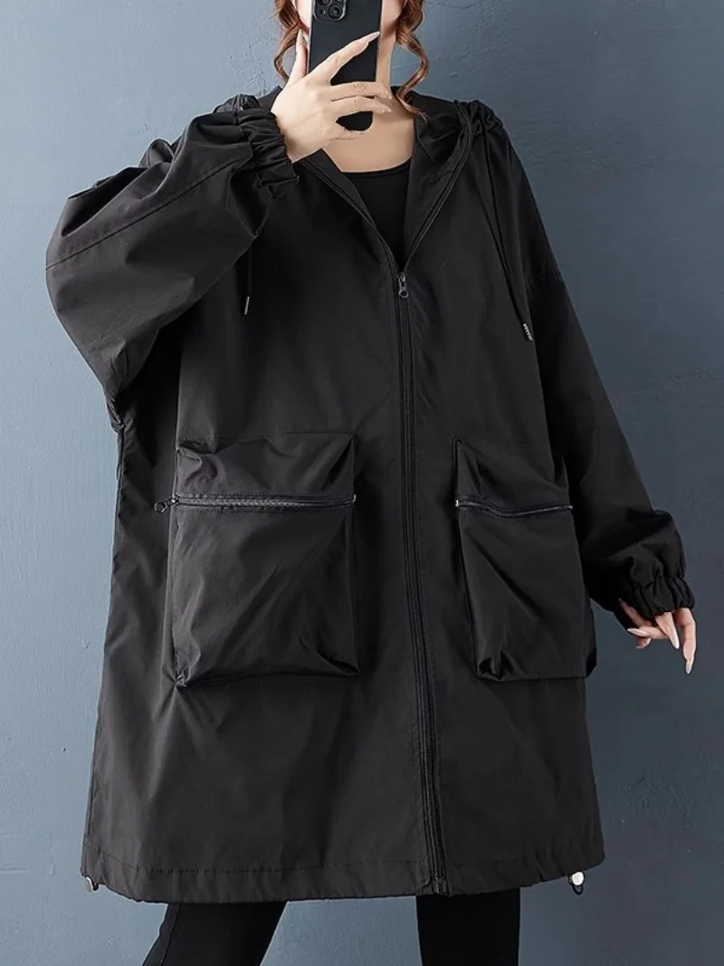 2025 Autumn Women Windbreaker Loose Korean Style Fashionable Large Pocket Collage Hooded Versatile Casual Mid Length Jacket w104