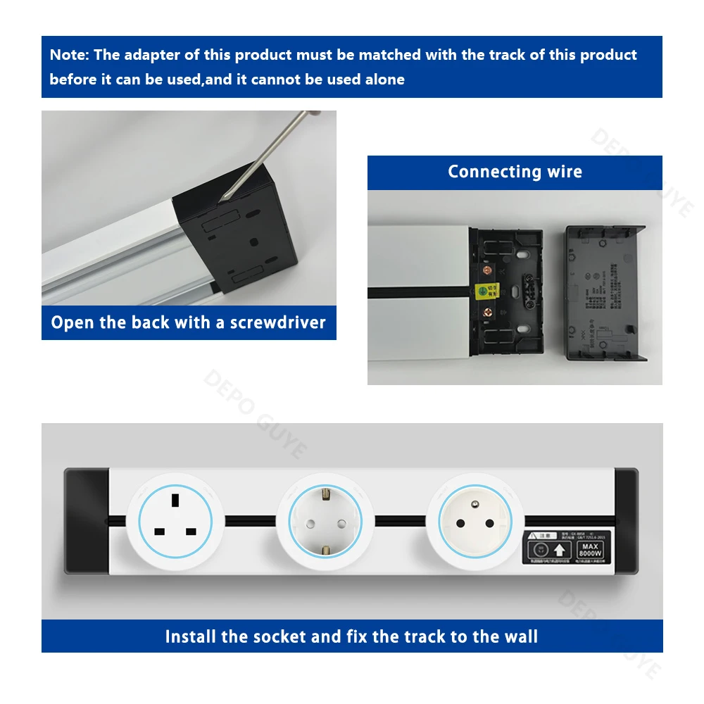 Power Track Socket EU/FR/Italy/Israeli USB Type-C Round Romovable Adapter Home Kitchen Wall Mounted Universal Electrical Outlet