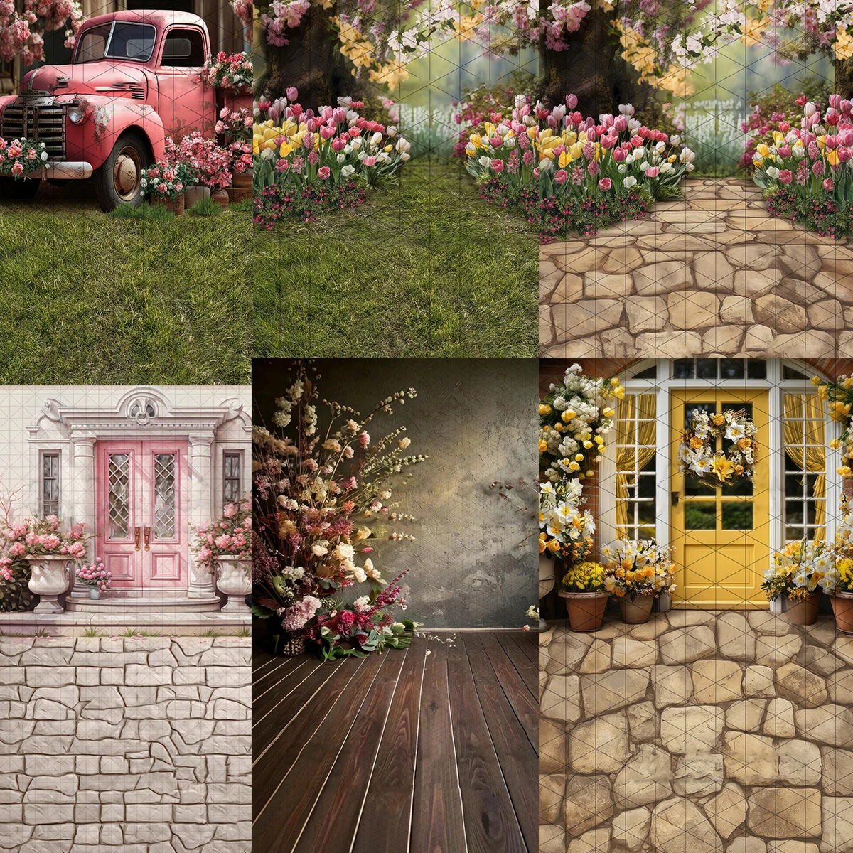 Décorations de jardin rustiques à thème floral printanier, avec des motifs de narcisses rêveux, de camions champêtres et de sentiers de fleurs roses