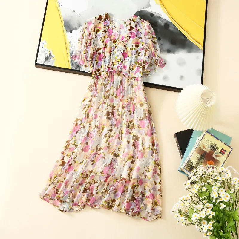 

Birdsky, 1PC Women dress V neck ruffles waist cloth button 100% real mulberry silk flower, S-767