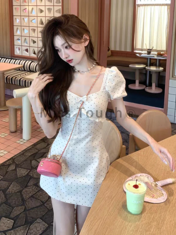France Hepburn Polka Dot Party Mini Dress Women Elegant Sweet Lace Slim Streetwear Dresses Fashion Chic Bow Short Sleeve Clothes