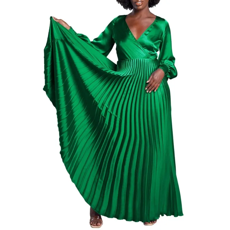 African Party Evening Dresses for Women Spring 2025 Elegant African Long Sleeve V-neck Pleat Maxi Dress Dashiki Africa Clothing