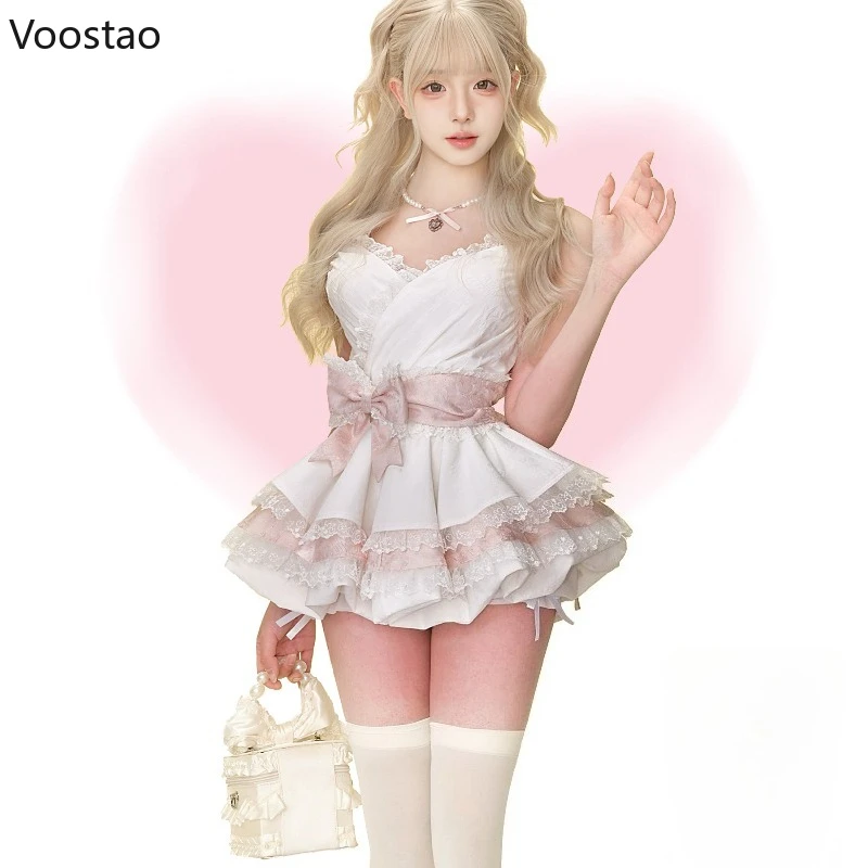 

Sweet Y2k Lolita Style Cake Dress Women Kawaii Cute Lace Bow Patchwork Princess Dresses Korean Fashion Ruffle Elegant Mini Dress