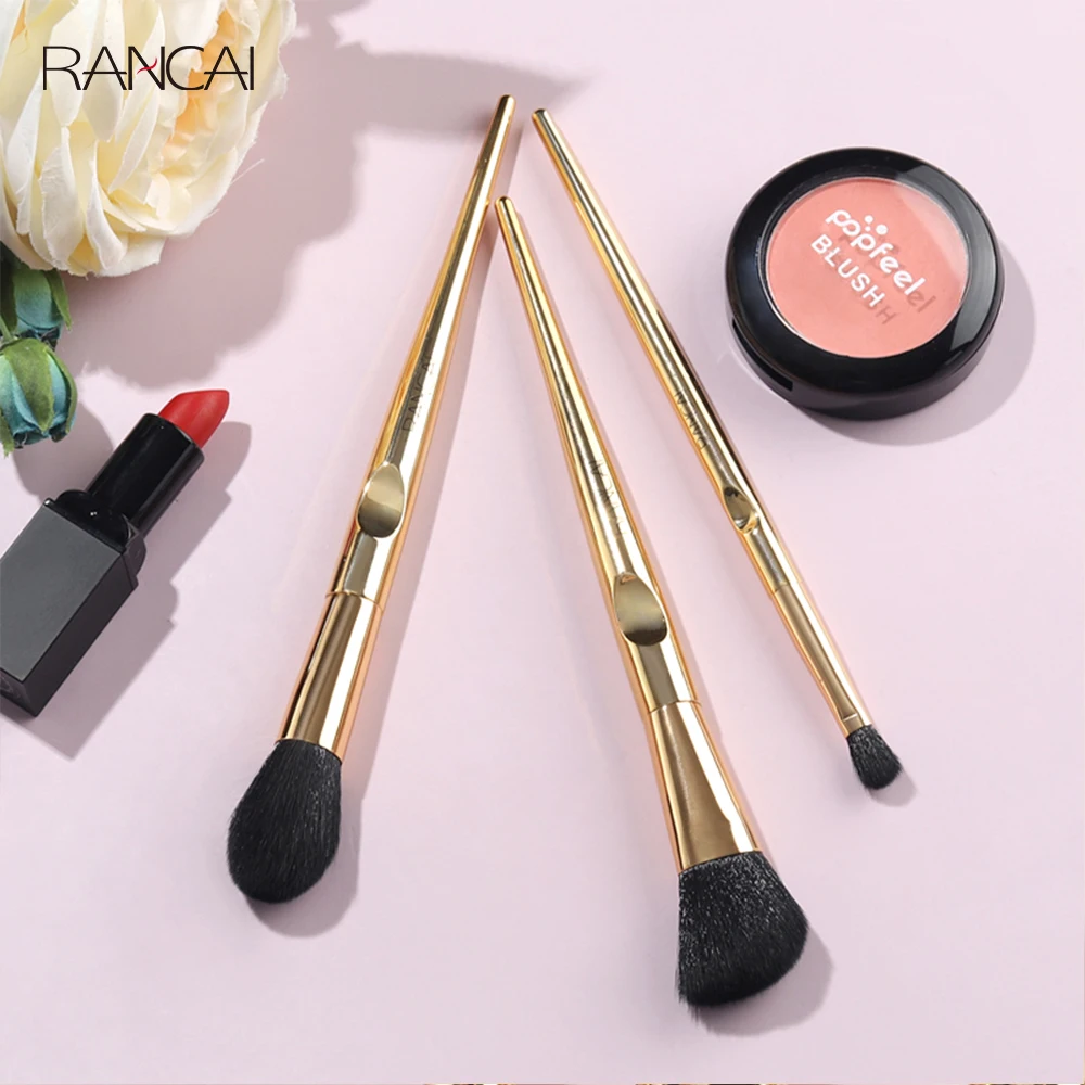 RANCAI 3 PCS Makeup Brushes Set Gold Contour Powder Blusher Eyeshadow Highlighter Brush Cosmetics Blending Detail Make Up Beauty