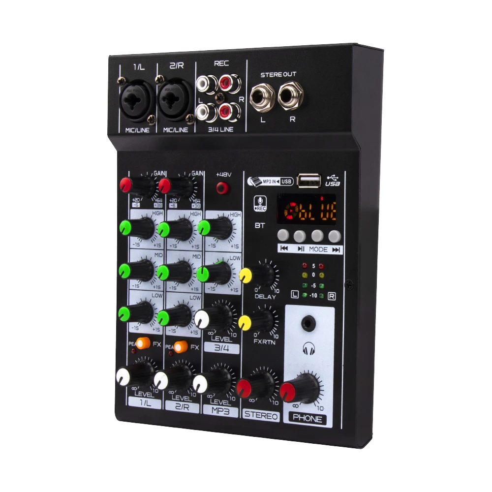 4 Channel Mixer DJ Mixing Console with Bluetooth 48V Phantom Power Monitor Karaoke System USB Mixer Audio