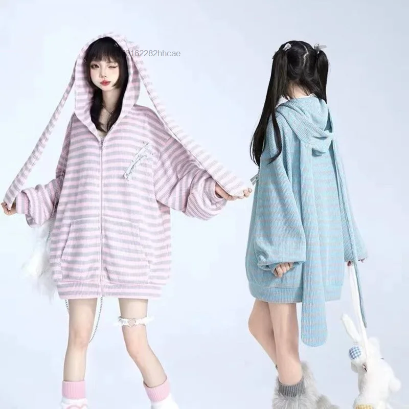 Y2k Harajuku 2023 Autumn New Cardigan Sweater Cute Loose Stripe Rabbit Ear Knitted Hoodie Aesthetic Hooded Knitwear Top Girl Yk2