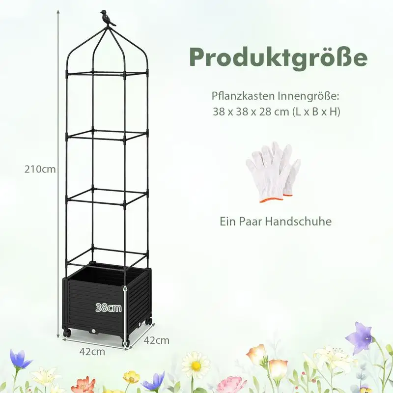 Garden Obelisk Trellis With Self-Watering Planter Box On Wheels, Adjustable Climbing Plant Support For Tomatoes Cucumbers Roses, Vertical Gardening Tower For Balcony Patio Backyard, Green