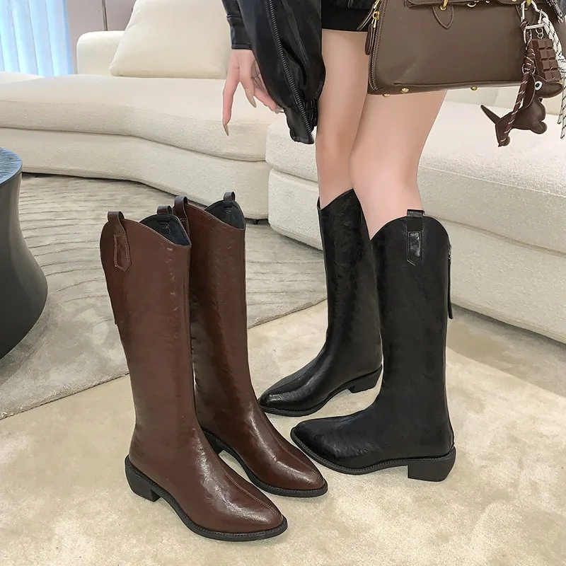 

Fashion Women's Knee-high Boots Casual Knight Boots V-mouth Design Pointed Toe Leather Boots Slim Fitting Long Boot Botas Mujer