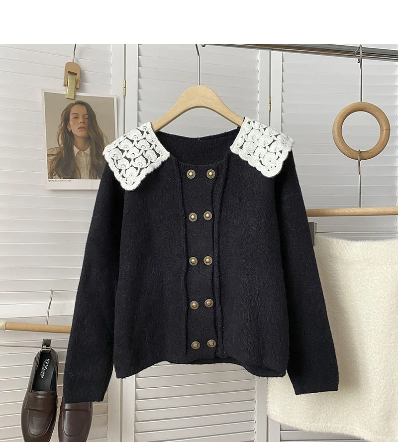 Color Blocked Double Breasted Lapel Red Knitted Cardigan Women's Winter 2022 Korean Version Loose And Versatile Sweater Trend