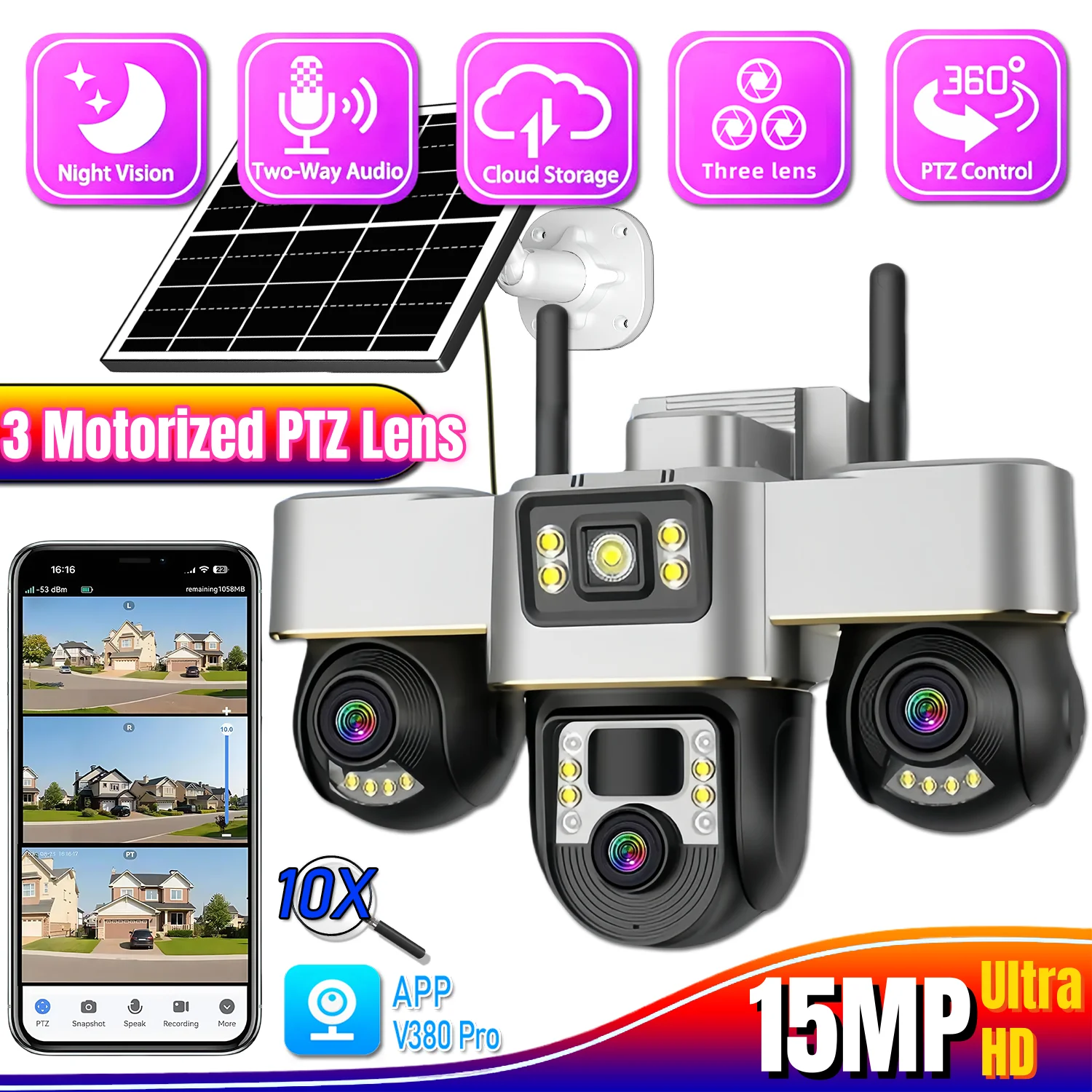 

Солнечная камера 4G 3 в 1, PTZ, моторизованный IP-монитор ночного видения, беспроводная уличная камера видеонаблюдения 10XZoom, защитные камеры