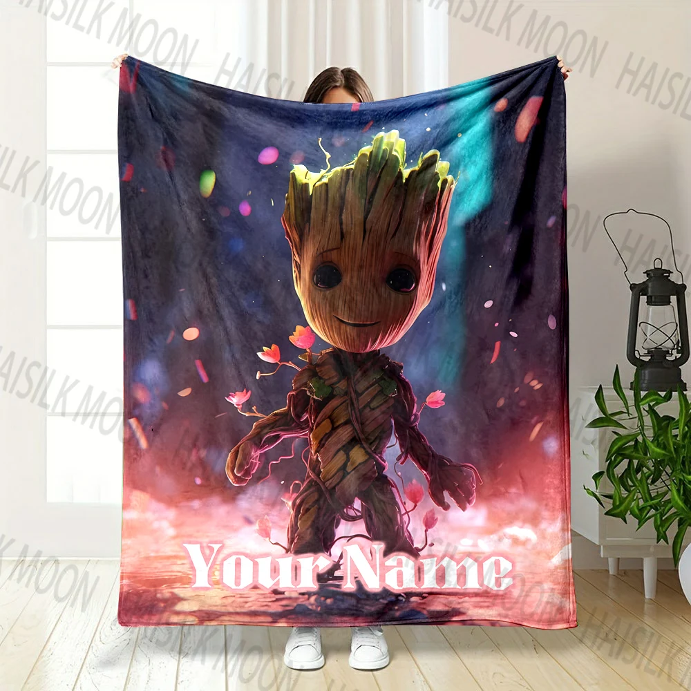 Custom Name Personalized Blanket Marvel Groot Printed for Sofa Bed Travel Camping Blanket Suitable for Birthday Holiday Gifts