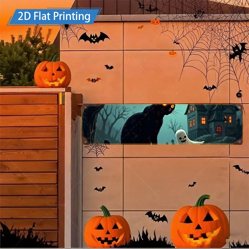 1 قطعة 4x16 بوصة علامة معدنية للهالوين 2D علامة معدنية مطبوعة مسطحة-قطة مخيفة وديكور منزل مسكون