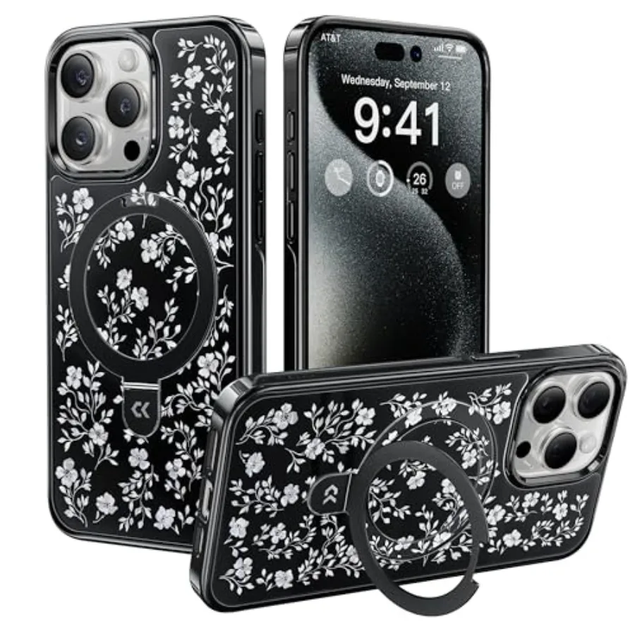 

Floral Series Vintage Flowers Design for iPhone 14 Pro Case with Magnetic Ring Stand Compatible with MagSafe Military-Grade Pro