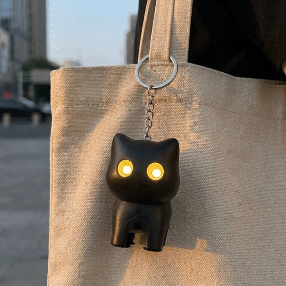 Portable Cat Night Light Keychain Sound Effects Creative Mini Flashlight Key Ring Cartoon Animal Black Car Ornament Adults