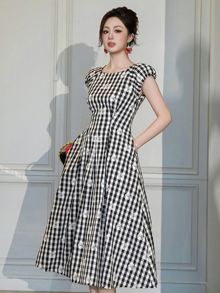 Damska Sukienka Midi w Czarno-Białą Kratę z Kwiatowym Nadrukiem, Retro Bufiaste Rękawy, Dopasowana Sukienka na Imprezę, Koktajl, Vestidos Femme Casual Letnia Nowość