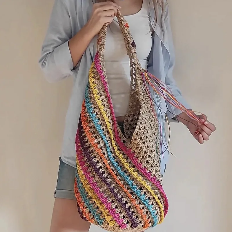 

2024 Summer Bohemian Color Striped Straw Bag Hollow Woven Bags for Women Rattan Shoulder Bag Large Hobo Beach Shopper Purses