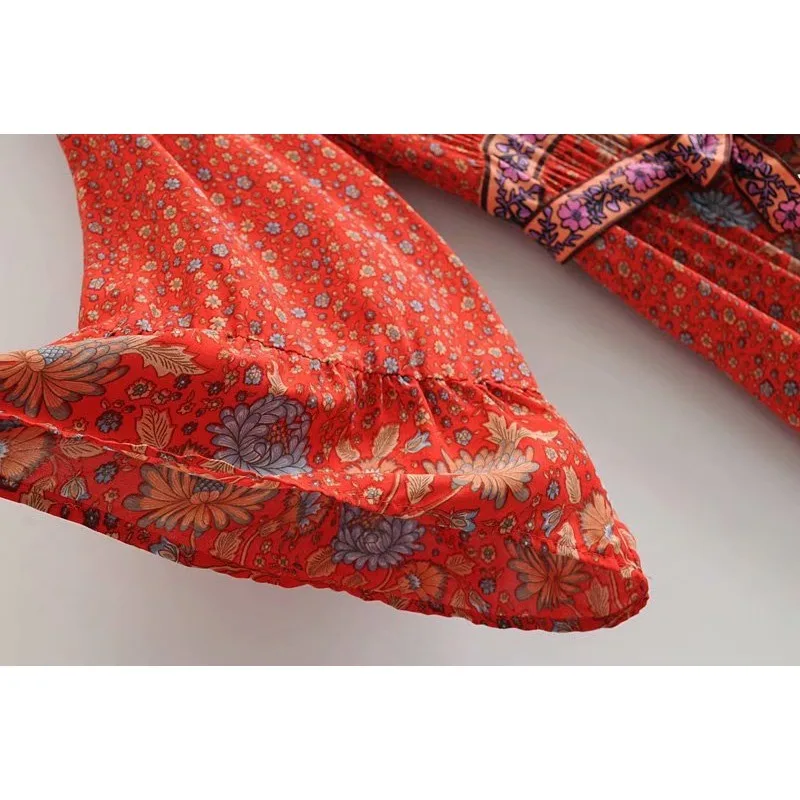 ผู้หญิงฤดูร้อนดอกทานตะวันพิมพ์แขนบานผูกเอวหลวมพอดีชุด Boho Maxi