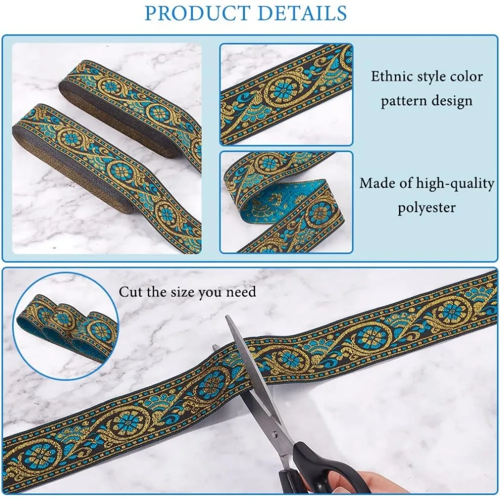 2 Rolls 7.6 Yards 1.3inch Fabric Embroidered Trim, Vintage Jacquard Ribbon Floral Sewing Woven Trim Emobridered Woven Ribbon