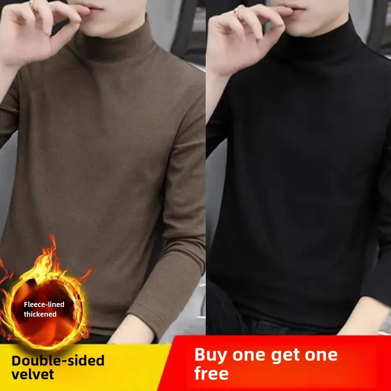 Double-Sided Fleece Long Sleeve T-Shirt For Men Autumn/Winter Half Polo/Turtle Neck Base Layer Top Inner Warm Top