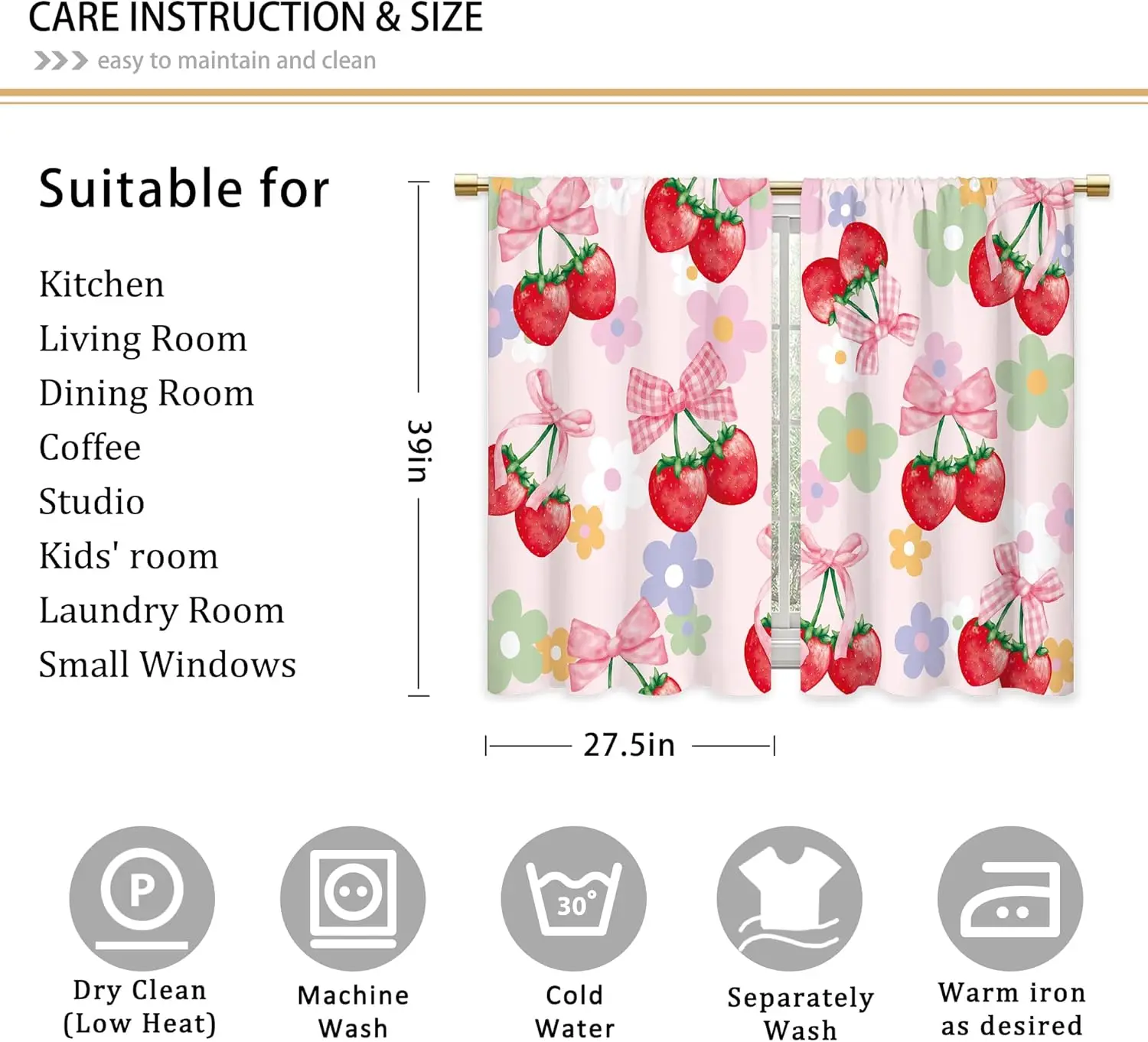 Pink Bow Strawberry Kitchen Curtains Girls Flower Y2K Bathroom Curtains Window Treatment Drapes Tier Fruit Preppy Cafe Small