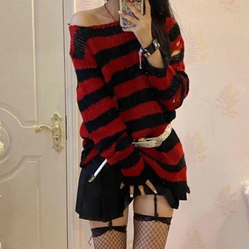 Goth Punk Gothic Sweater Oversized Pullovers Women Striped Cool Hollow Out Hole Broken Jumper Harajuku Aesthetics Sweater