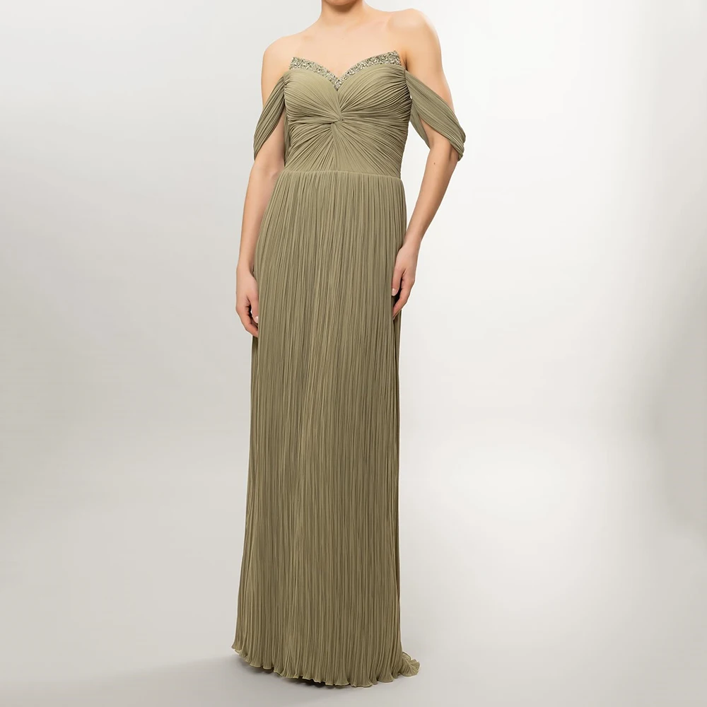 

Women's Straight Evening Dresses Floor-length Off The Shoulder Sleeveless Prom Gown Fashion Crystal Pleat Draped Customized Gown