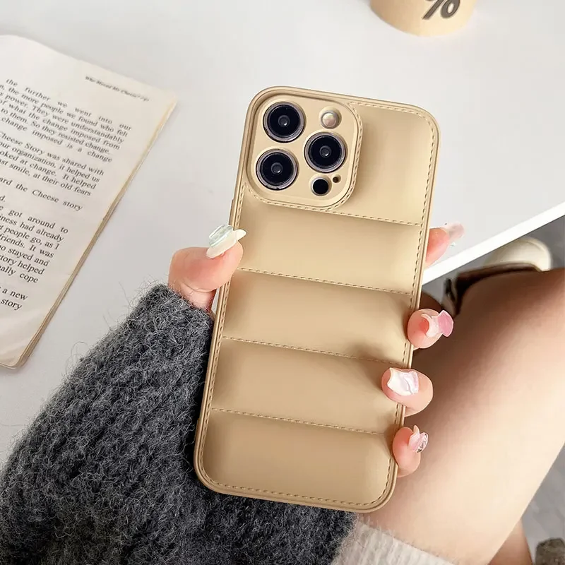 Fashion leather down jacket silicone phone case for iPhone 11 12 13 14 15 XR XS Pro Max Plus fine hole camera soft cover winter