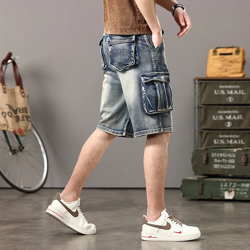 Available in Three Colors 2024 Summer Stretch Denim Shorts Men's Multi-Pocket Japanese Retro Overalls Loose plus Size Shorts