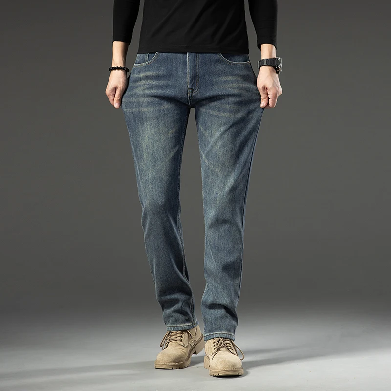 Mid To High Waisted Straight Leg Slim Fit Men's Jeans in Autumn, Classic Retro Nostalgic Korean Style Cotton Elastic Denim Pants