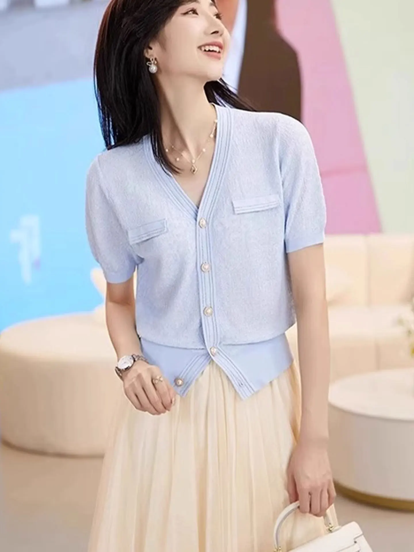 Haut tricoté en soie glacée pour femmes, bouton unique, Svel v-ne, superposition de base, irt coréen, coupe ample, été