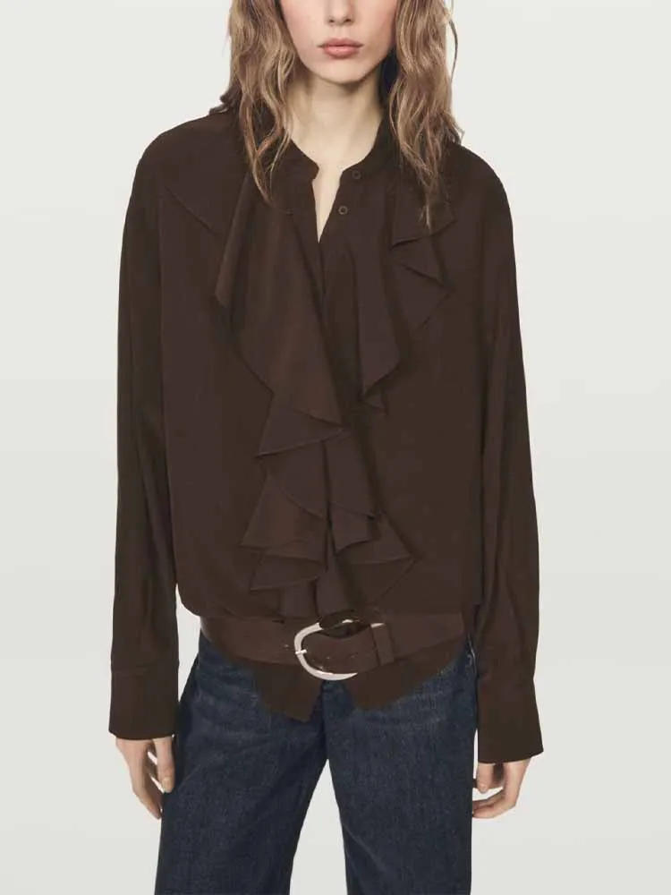 

European and American style winter new women's fashion simple commuter style draped ruffle collar long sleeve shirt top