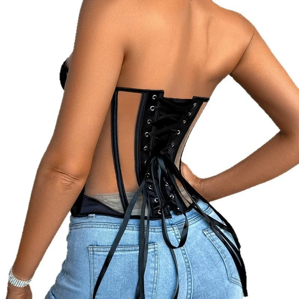 Women Fishbone Corset Satin Mesh Patchwork Breathable Strapless With Bra Lace Up Boned Bodices Tummy Control Bustiers Top