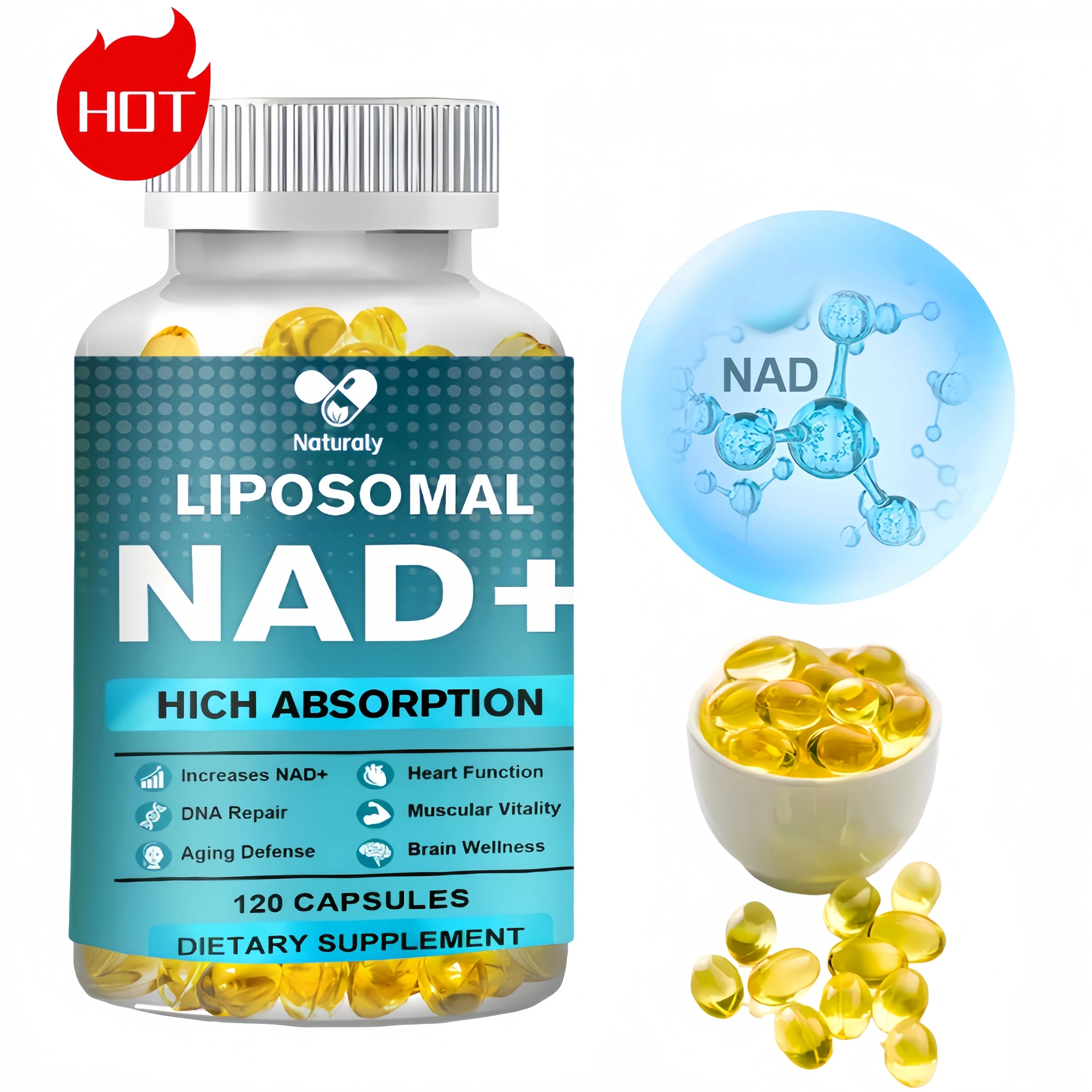 NAD Supplement, Liposomal NAD+ supplement - Aging Defense, Cellular Energy, Heart & Brain Function,Longevity, 120 Capsules