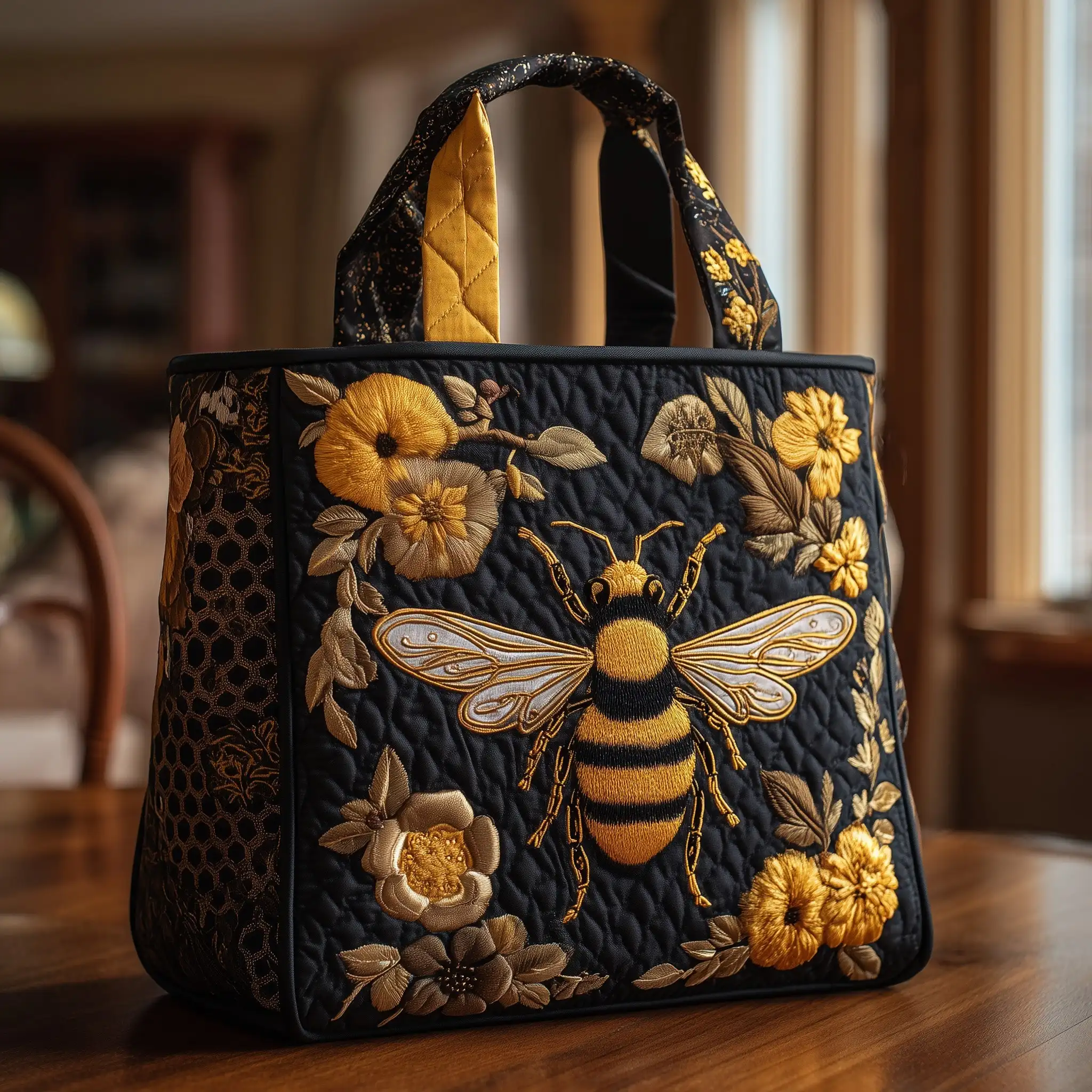 

Luxury Black Gold Bee Quilted Tote Bag Vintage Floral Honeycomb Design Handbag Daily Work Shopping Shoulder Bag