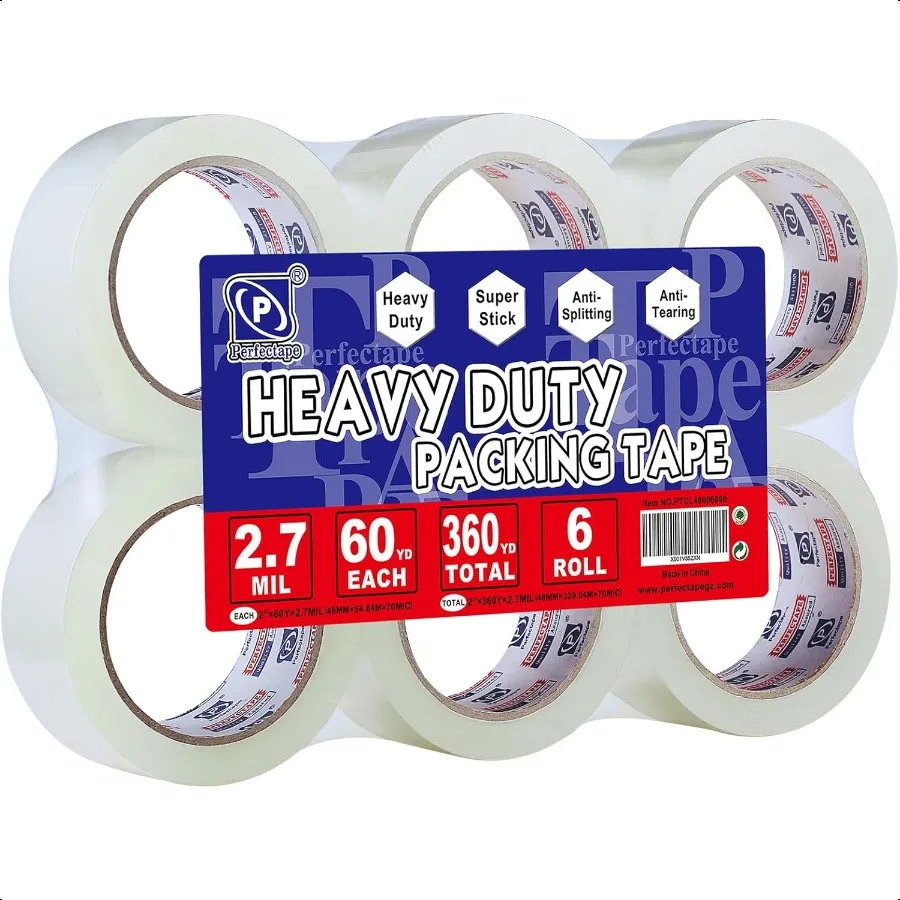 

Сверхмощная упаковочная лента, 6 рулонов, всего 360 лет, прозрачная, 2,7 мил, 1,88 дюйма x 60 ярдов, сверхпрочный сменный блок для упаковки и доставки