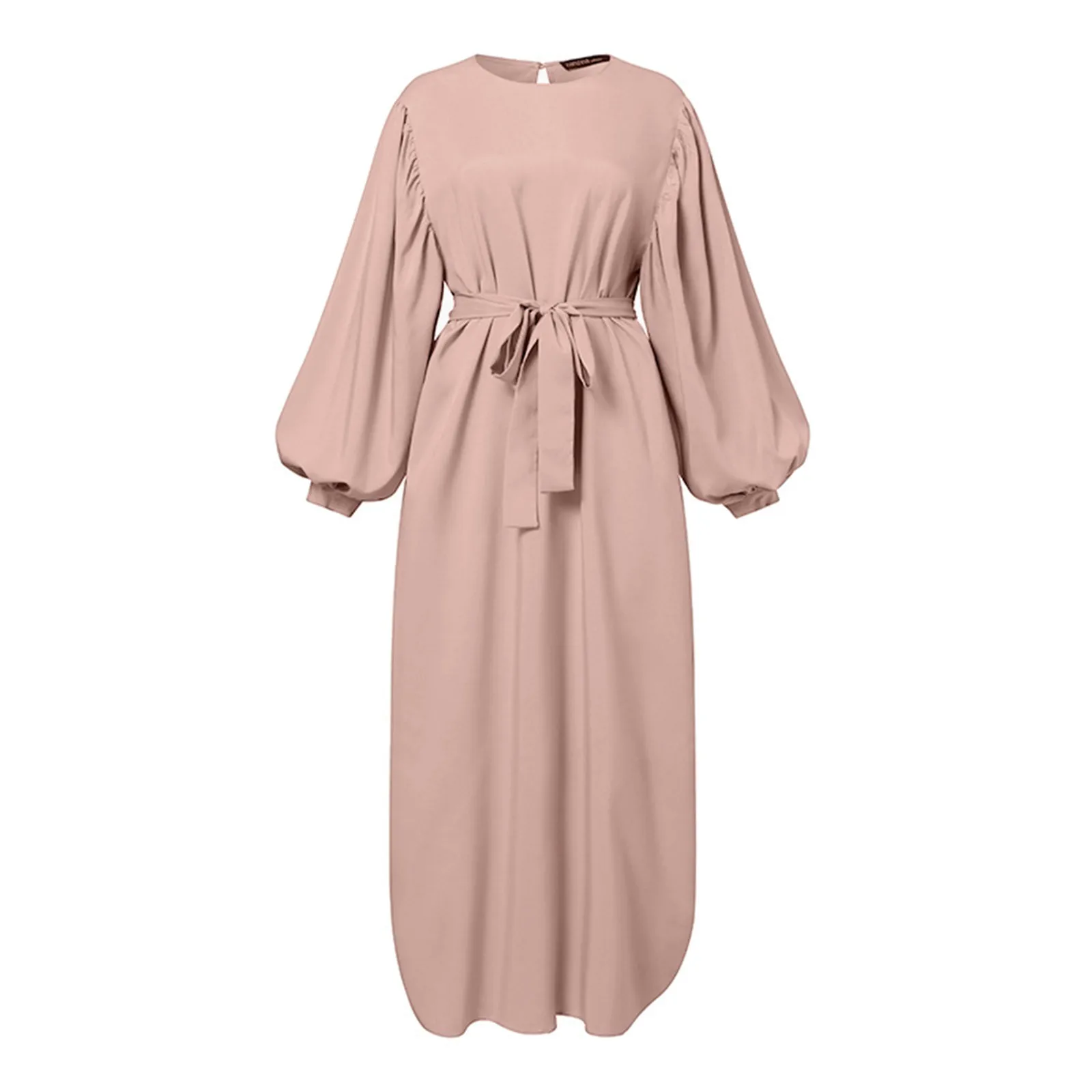 Clean Color Casual Muslim Robes Solid Color Elegant Prayer Clothes Women\'s Muslim Round Neck Long Sleeve Lace Up Dresses