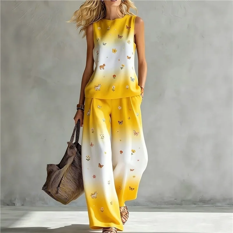 European and American Summer New Rainbow Tie-dye Sleeveless Crew Neck Top Wide-leg Pants Two-piece Set Women's Casual Suit 2026