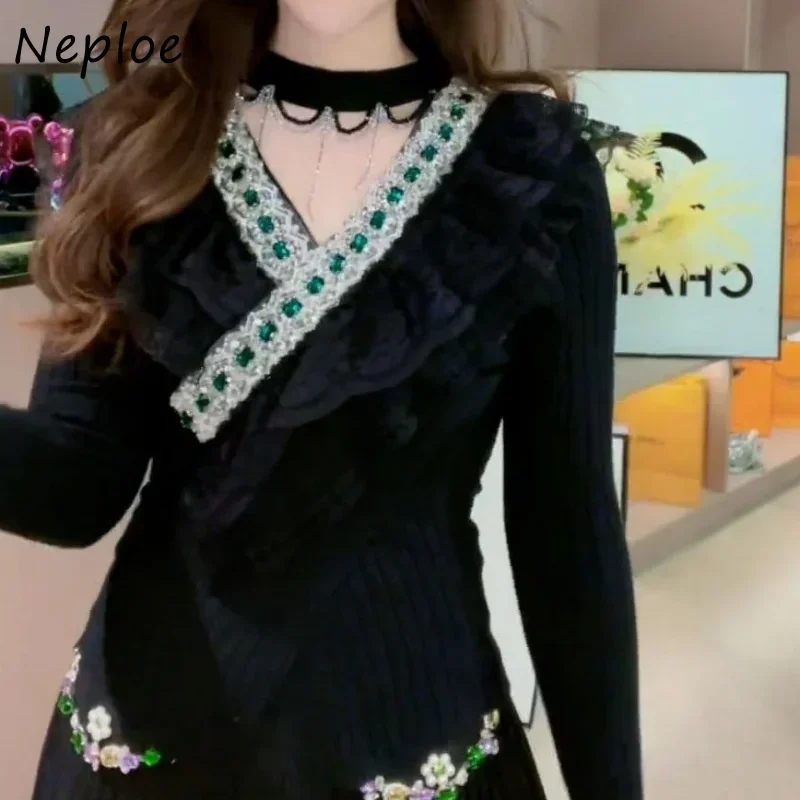 Neploe V Neck Halter Diamonds Lace Patchwork Pull Femme Autumn Jersey Mujer Jumpers Solid Color Criss-cross Slim Sweater Y2k