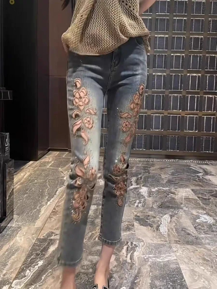 

Ранняя осень, новые тяжелые промышленные вышитые джинсы с высокой талией, женские модные восьмиточечные брюки-трубки для сигарет