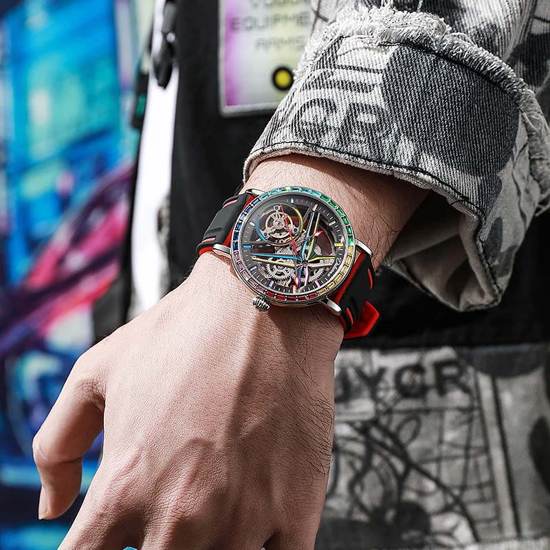 Rainbow Colored Gemstone Tourbillon Fashion Skeleton Watch Men Waterproof 30M Sports Watches Luxury Automatic Mechanical Clock