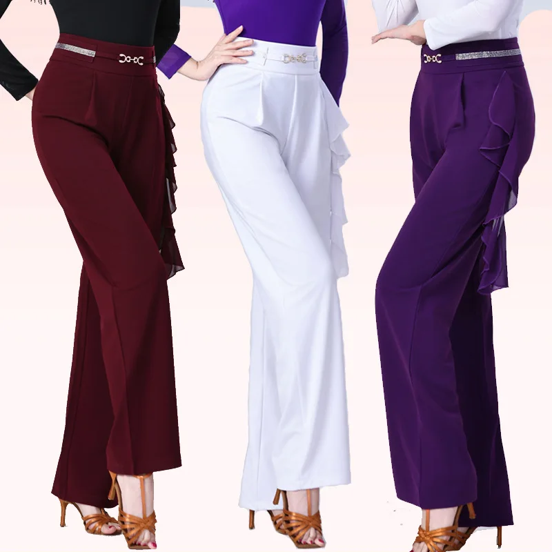 new-latin-dance-pants-women's-high-waist-straight-leg-long-trousers-for-square-dancing-with-sash-glittering-drill