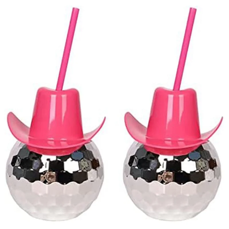 B08B-2Pcs Disco Ball Cups with Straw, Disco Flash Ball Cocktail Cup, Disco Cowboys Hat Cups, Flash Cocktail Cup Silver+Pink