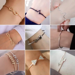 Bracelets de manchette réglables pour femmes, punk, ouvert, flèche, arc de poignet gothique simple, coeur, bracelets de plumes, cadeau de bijoux, mode, vente en gros