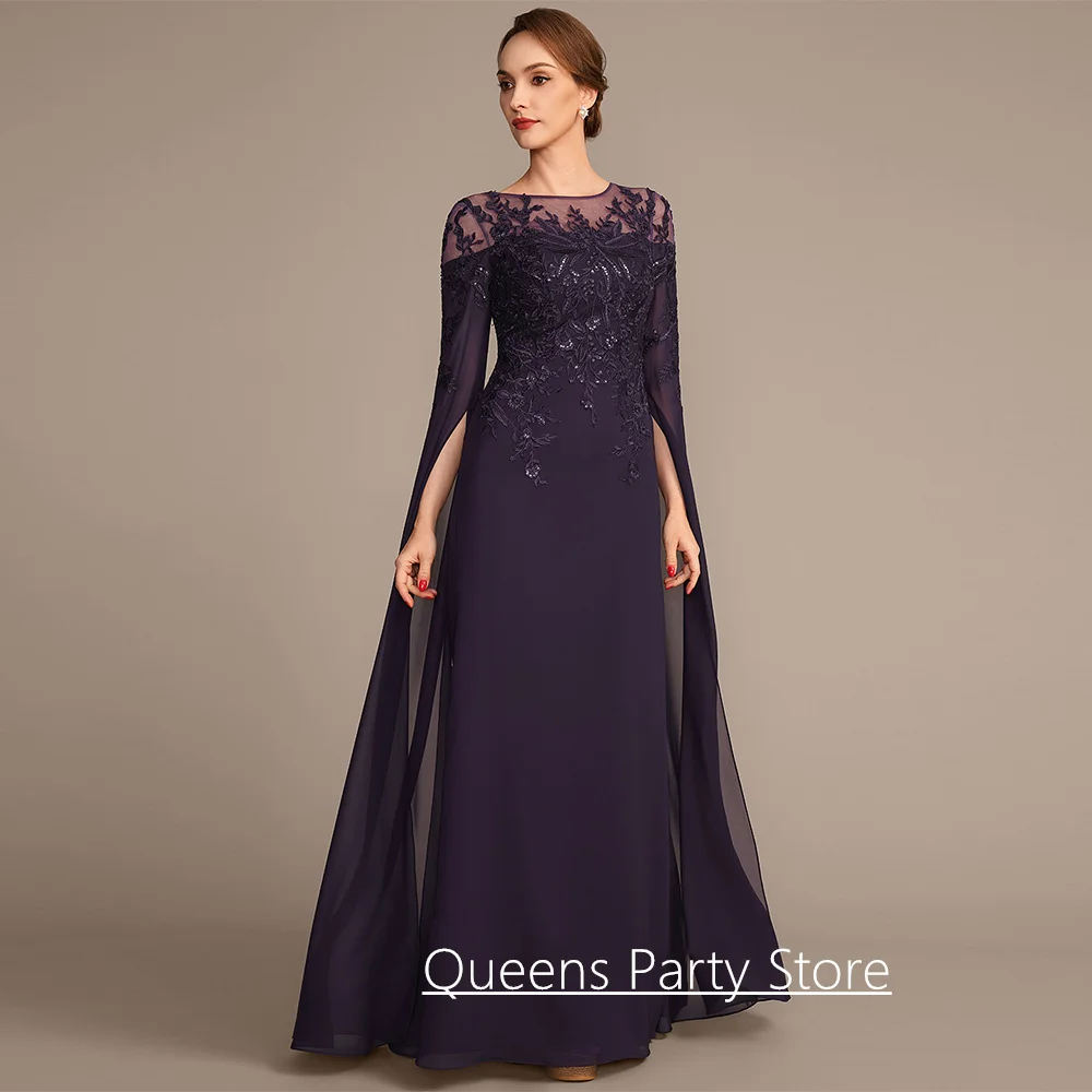 Elegant Mother of The Bride Dress Customized Round Neck Sequined Applique Chiffon Wedding Guest Gown Long Party Dresses