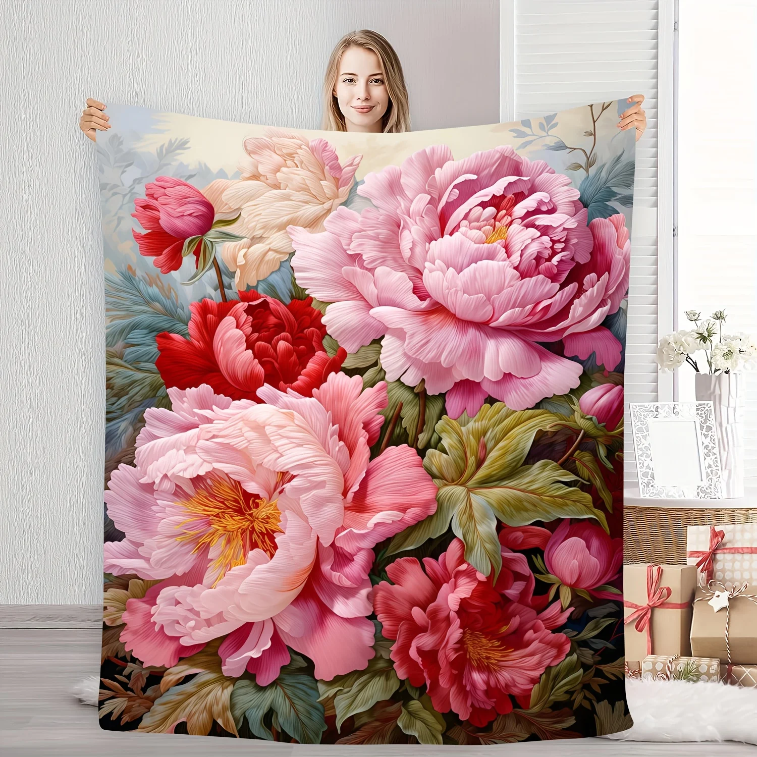 Soft and Warm Peony Floral Fleece Blanket,Glamorous and Beautiful, Natural Floral Art,Suitable for Home Decoration and Daily Use
