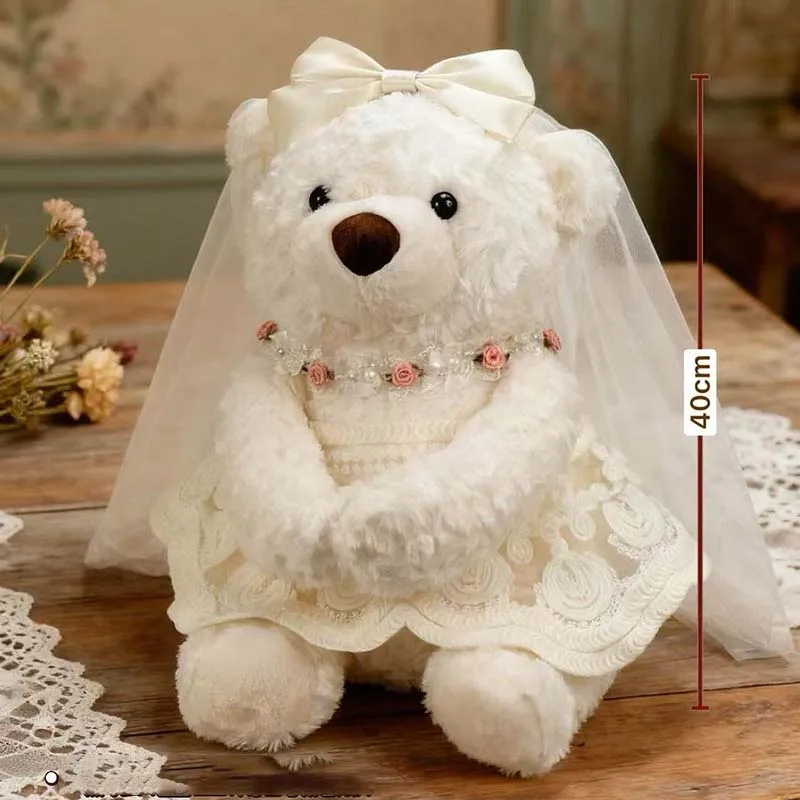 White Wedding Couple Teddy Bear Plush Set Squishy Stuffed Doll Wedding Table Centerpiece Decor Romantic Marriage Gift for Couple