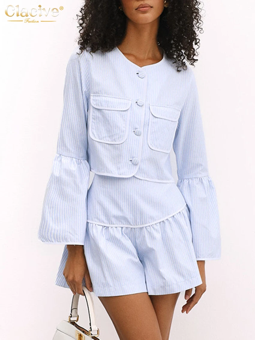 Clacive Fashion Loose Blue Stripe 2 Piece Sets Women Outfit 2024 Elegant Long Sleeve Shirt With High Waist Shorts Set Female